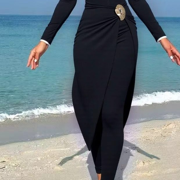 Womens Modest Long Sleeve Swimsuit Full Coverage Burkini Set with Gold Buckle
